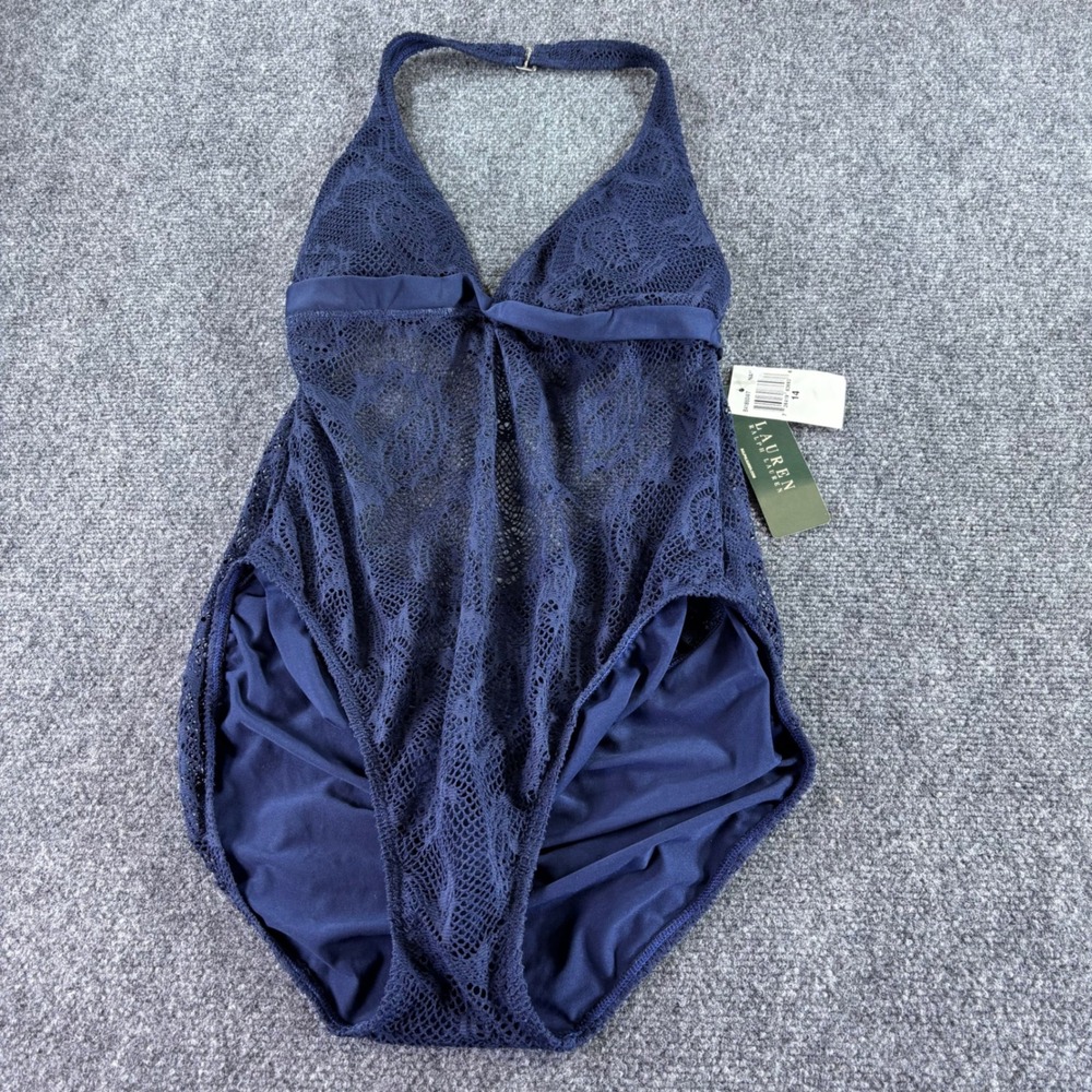 Lauren Ralph Lauren One Piece Swimsuit Women 14 Navy Blue Lace Halter NWT